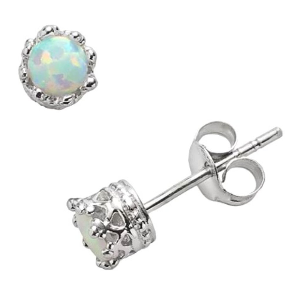 👑 Sterling Silver Lab-Created Opal 5mm Crown Stud Earrings 🌟